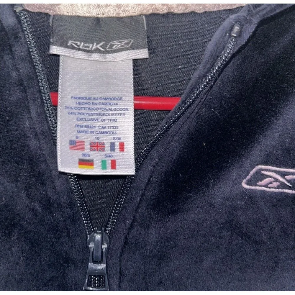 Vintage‎ Reebok Velour Small Logo Embroidered Zip Up Track Y2K Navy Blue